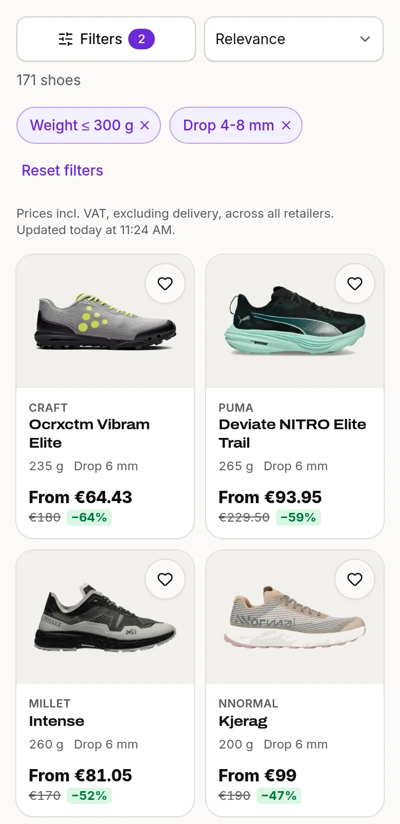 Captura móvil de Runometry en inglés: la lista de zapatillas de trail filtrada por peso de 300 g o menos y drop de 4 a 8 mm, con las tarjetas de los modelos, su peso, su drop y su precio más bajo